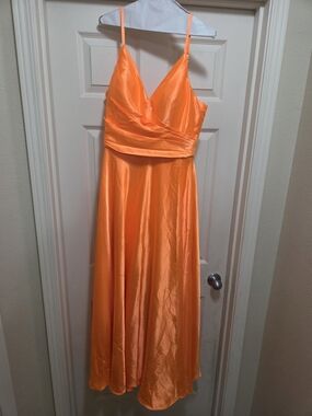 Women's Orange Satin V-Neck Spaghetti Strap Dress